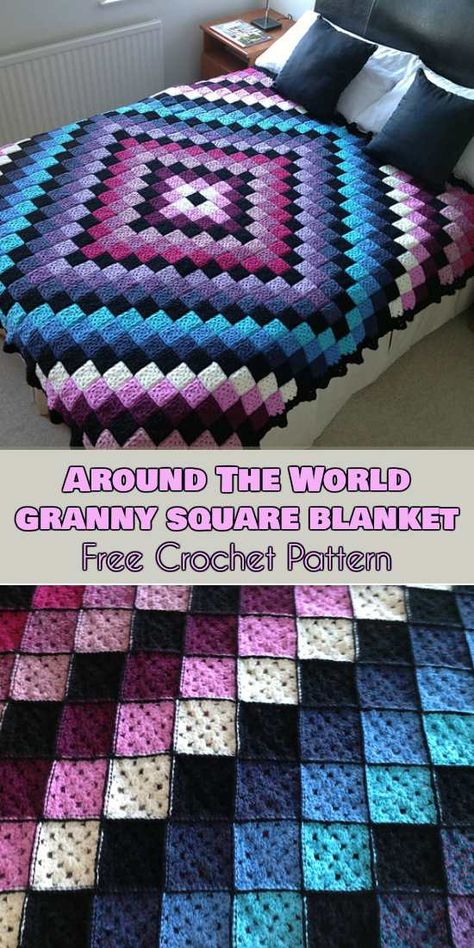 Around the World Granny Square Blanket Free Crochet Pattern #freecrochetpatterns #crochetblanket #grannysquare Free Crochet Patterns For Throws, Small Square Crochet Blanket, Grant Square Blanket, Cool Crochet Patterns Free, Different Sized Granny Square Blanket, Crochet Project For Dogs, Afagan Patterns Crochet, Pixel Granny Square Crochet Blanket, C2c Granny Square Blanket