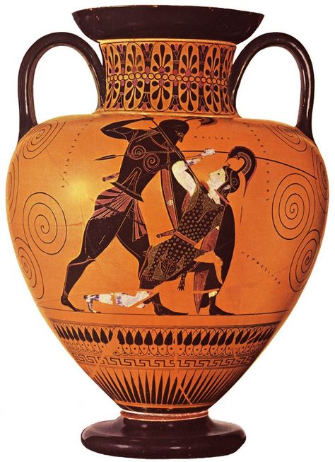 Achilles and Penthesilea. This pottery dates from around 540 BC and is attributed to Exekias, an Ancient Greek vase painter and potter. Winged Shoes, Nemean Lion, Ancient Greek Pottery, Istoria Artei, Short Tunic, Ancient Greek Art, Rome Antique, Greek Pottery, Greek Vases