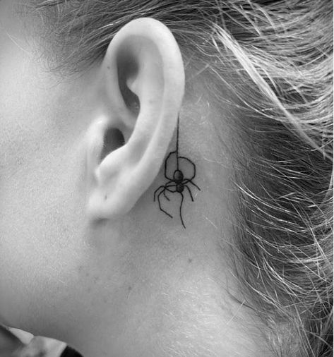 Small Spider Tattoo Behind Ear, Mini Tats Behind Ear, Behind Ear Spider Tattoo, Spider Behind The Ear Tattoo, Spooky Ear Tattoo, Behind Tattoos Ear, Spider Ear Tattoo, Mini Spider Tattoo, Spider Tattoo Behind Ear