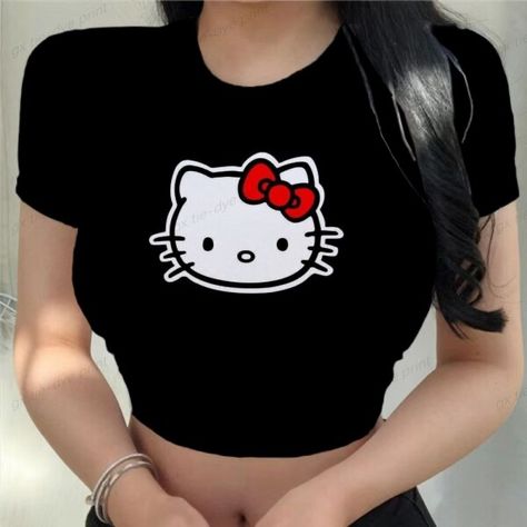 Coquette And Grunge, Hello Kitty Crop Top, Hello Kitty Top, Hello Kitty Shirt, Shirts Y2k, Hello Kitty Y2k, Crop Top Y2k, 90s Y2k Fashion, Kitty Clothes