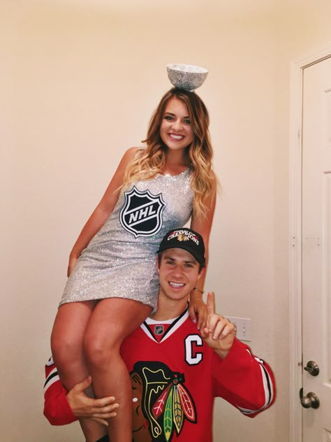 The best couples costume ideas you'll see for 2017 - over 5000 words worth! #CoupleDIY Trophy Halloween Costume Couple, Hockey Player And Trophy Costume, Hockey Couple Costume, Baseball Couples Costumes, Couples Costume Ideas College, Trophy Wife Costume, Fun Couples Costumes, Halloween Costume Ideas Couples, Stanley Cup Costume