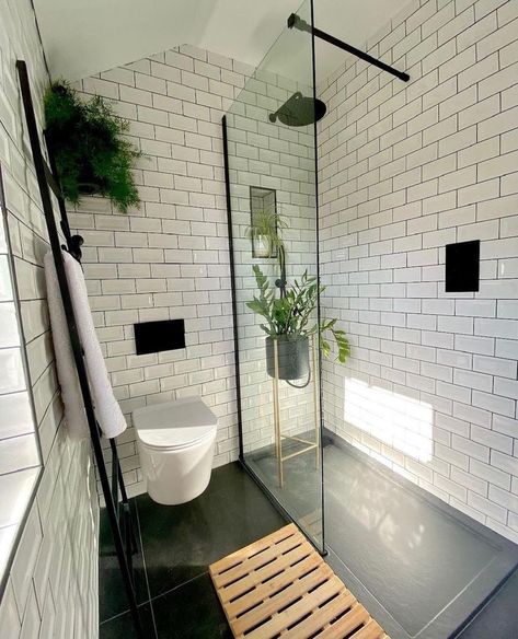 Shower Room Transformation From @ramseyresidence Slate Shower Tray Bathroom Ideas, Metro Bathroom Ideas, Small White Shower Room, Bathrooms With Vertical Tiles, Small White Tiles Bathroom, Fully Tiled Shower Room, Ensuite Bathroom Ideas Black And White, Monochrome Shower Room, Monochrome Small Bathroom