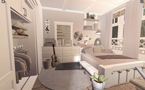 This one is actually really cute but my opinion about this is that it's to cluttered and there's a lot of thing in there. Bloxburg House Ideas, Bloxburg House, Bedroom Ideas, Room Ideas, House Ideas, Bedroom, Bed, Furniture, White