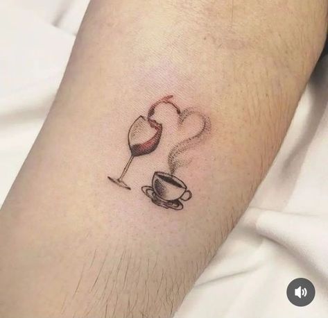 Coffee And Wine Tattoo, Strawberry Wine Tattoo, Small Coffee Tattoo, Wine Tattoo Ideas, Sarah Tattoo, Lace Sleeve Tattoos, Coffee Cup Tattoo, Wine Glass Tattoo, Wrap Around Wrist Tattoos