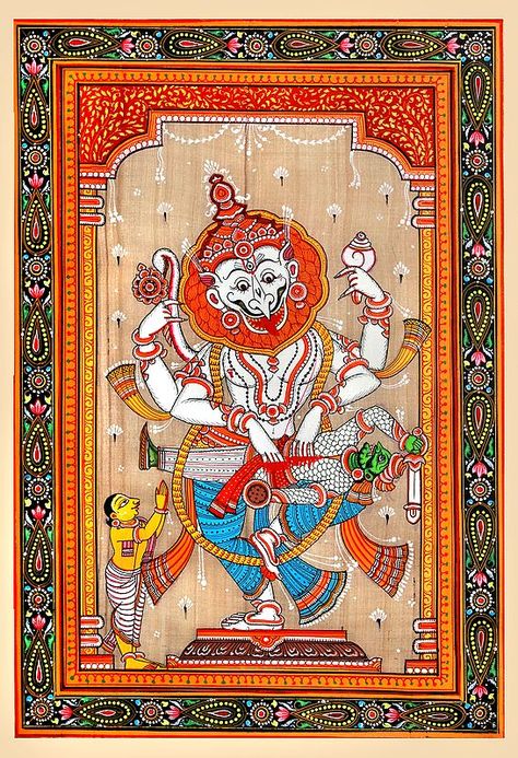 Narasimha  The Fourth Avatar of Vishnu Hindu Cosmos, Mythology Paintings, Indian Women Painting, Painting Water, Animal Drawings Sketches, Indian Art Gallery, Pichwai Paintings, Hinduism Art, Half Man