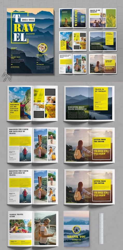 Travel Magazine Template Layout Magazine Brochure Design, Magazine Layout Design Canva, Magazine Layout Ideas Graphic Designers, Yearbook Layout Design, Travel Magazine Layout Design Creative, Magazine Feature Layout, Page Layout Design Magazine, Magazine Layout Design Templates, Music Magazine Design