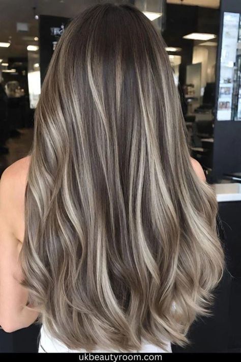 Balayage With Front Highlights, Ash Hair Ideas, Blond Bayalage On Dark Hair, Highlight Color Hair Ideas, Brunette Ash Hair, Ashy Brown Hair With Blonde Highlights, Low Lights On Dirty Blond, Blended Highlights On Brown Hair, Dark Hair With Blonde Balayage