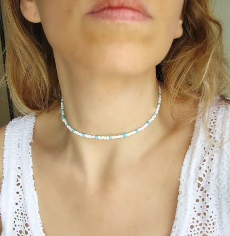 White Beaded Choker White Choker Turquoise Choker Necklace White Choker, Turquoise Choker, Padlock Necklace, Dainty Diamond Necklace, Beaded Jewelry Necklaces, Blue Beaded Necklace, Beach Necklaces, Dragonfly Necklace, Turquoise Bead Necklaces