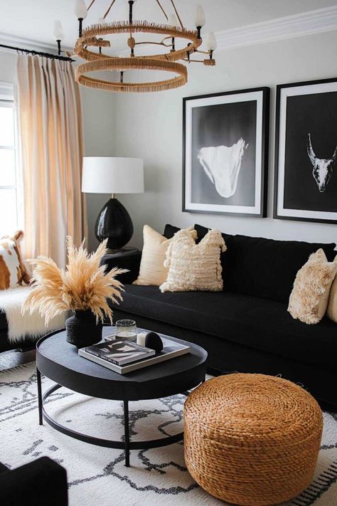 living_room_aesthetic_with_black_couch (7) Black Coffee Table Living Room Decor, Living Room Designs Black Couch, Modern Living Room Black Couch, Black Couch Ideas, Black Cream Living Room, Black Sectional Living Room, Black Couch Decor, Black Sofa Decor, Black Leather Sofa Living Room