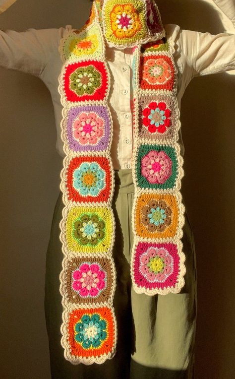 Things Made With Granny Squares, Colorful Scarf Crochet, Crochet Colorful Scarf, Flower Crochet Scarf, Colorful Crochet Scarf, Crochet Scarf Border, Crochet Birthday Gifts For Women, Granny Square Crochet Scarf, Funky Crochet Projects