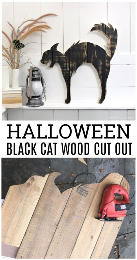 Wood Cats For Halloween, Wooden Bats Halloween, Wooden Cats Diy, Black Cat Decor Halloween, Wood Halloween Crafts, Halloween Pallet, Halloween Palette, Cat For Halloween, Wood Halloween Decorations