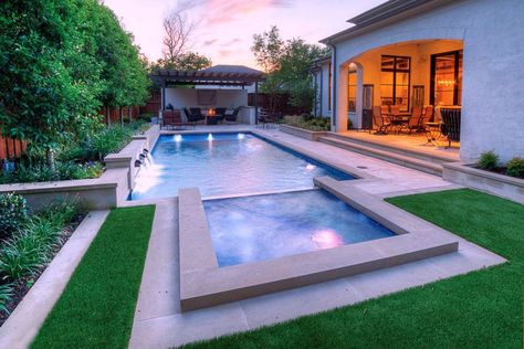 Image result for rectangle pools with connected spa Backyard Pool Design, Rectangular Swimming Pools, Moderne Pools, Rectangle Pool, Pool Shapes, Above Ground Pool Landscaping, Rectangular Pool, Custom Pool, Backyard Pool Landscaping