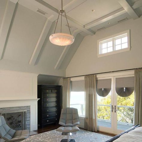 A welcome addition amongst the cool neutral color pallet of this airy bedroom, the Palladian alabaster pendant light fixture enriches the tranquil setting with soft light and a feeling of warmth. To take advantage of this customer's soaring ceilings, these alabaster pendants were modified with single rod extensions to reduce bulky hardware and streamline the design. Ask about this modification for tall ceilings when ordering. Tall Ceiling Curtains, Tall Ceiling Bedroom, Tall Ceilings Bedroom, Alabaster Ceiling, Lofted Bedroom, Timeless Dining Room, Tuscany Style, Airy Bedroom, Ceiling Curtains