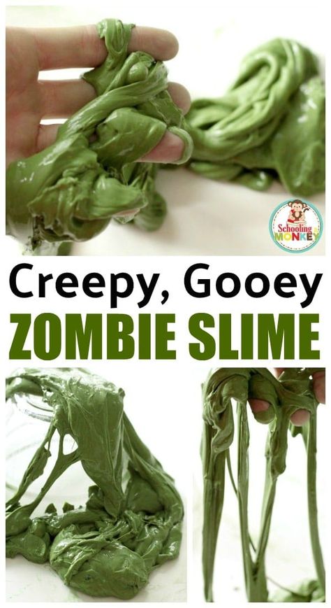 How to Make Gross, Creepy Zombie Slime Perfect for Halloween Zombie Slime, Halloween Slime Recipe, Slime Science, Kindergarten Science Experiments, Zombie Crafts, Halloween Stem Activities, Creepy Zombie, Halloween Stem, Halloween Slime