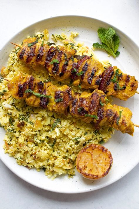 Cauliflower Couscous, Whole30 Dinner, Herb Oil, Chicken Skewer Recipe, Whole30 Dinner Recipes, Easy Whole 30 Recipes, Whole30 Dinners, Moroccan Chicken, Couscous Recipes