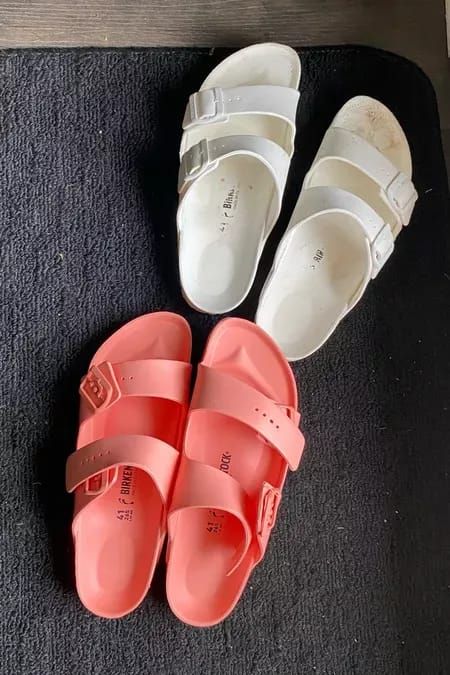 White waterproof birks are some of my favorite summer shoes! Just got in the new coral color. True to size and works for a wide foot! #LTKshoecrush #LTKunder50 Waterproof Birkenstocks, Birks Outfit, Birkenstock Arizona Eva, Eva Sandals, Arizona Eva, Midsize Fashion, Birkenstock Arizona, Curvy Outfits, Affordable Clothes