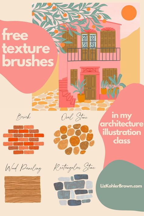 Procreate Brushes Free Architecture, Procreate Building Illustration, Procreate Tutorial Architecture, Architecture Drawing Procreate, Procreate Easy Illustration, Procreate Gouache Tutorial, Retro Illustration Tutorial, Textures Procreate, Procreate Art Inspiration