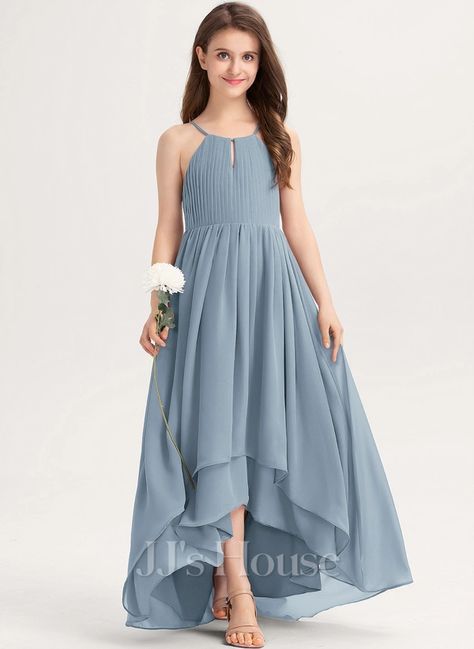 A-line Halter Asymmetrical Chiffon Junior Bridesmaid Dress With Bow (009217818) Kids Western Dresses Girl Outfits, Stylish Dresses For Girls Kids Fashion, House Color Green, Diwali Dress, Kids Maxi Dresses, Kids Bridesmaid Dress, Smart Clothing, Western Dresses For Girl, Teenage Dress