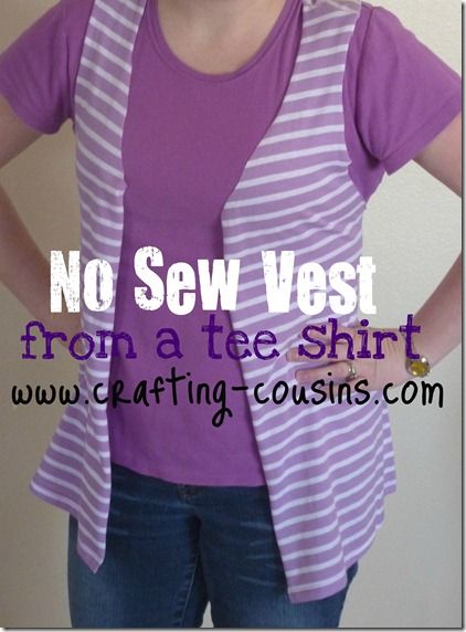 no sew vest crafty cousins  [something to try with a tee that's too fitted or short...also something to embellish!] Diy Old Clothes To New Fashion No Sew, No Sew Vest, Sew Vest, Diy Vest, T Shirt Remake, Shirt Transformation, Shirt Scarf, Sewing Basket, Hallowen Costume