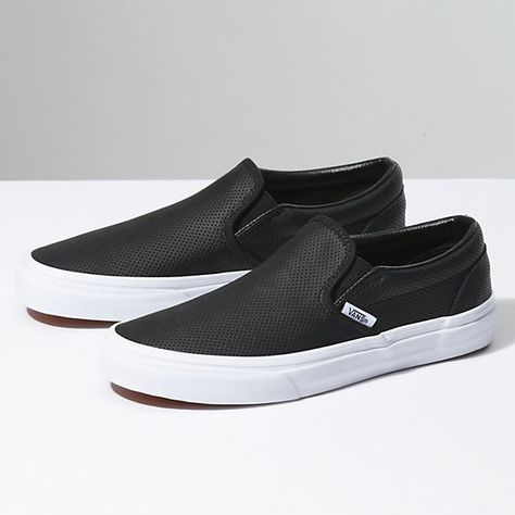 Perf Leather Slip-On Leather Vans, Tenis Vans, Vans Outfit, Popular Shoes, Leather Slip On Shoes, Vans Slip On, Vans Black, Perforated Leather, Classic Shoes