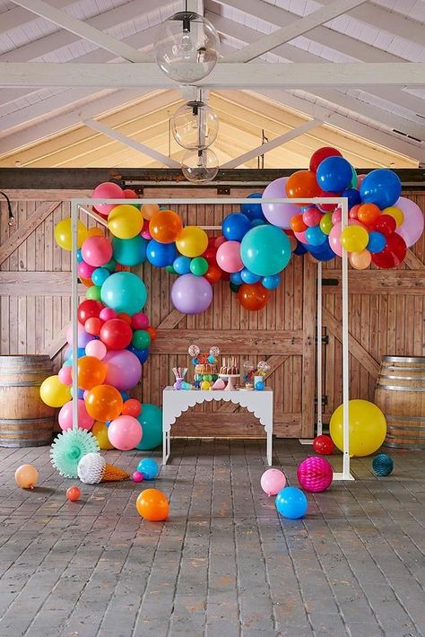 Rainbow Balloon Garland, Happy Balloons, Large Balloons, Rainbow Balloons, Colorful Birthday, Colourful Balloons, Rainbow Birthday, Outdoor Party, Balloon Arch