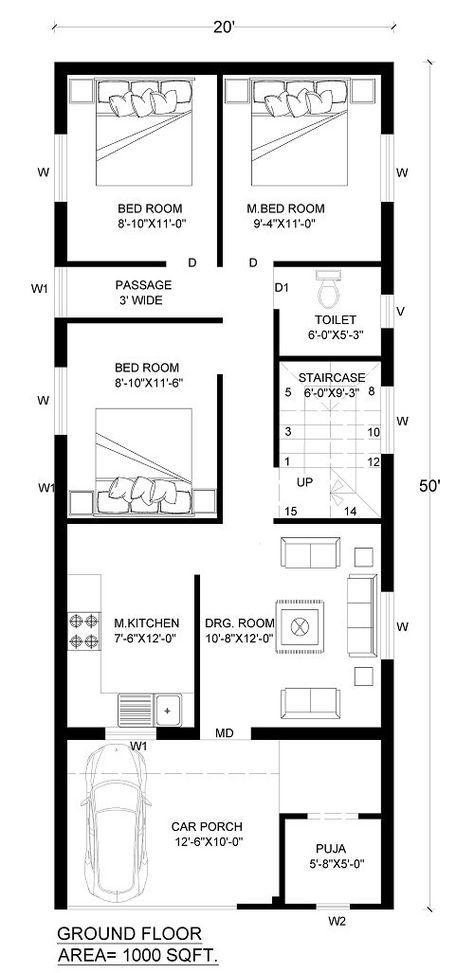 20 * 50 House Plan With Car Parking 7F6 20 50 House Plan, House Plans Layout, Simple Bungalow House Designs, Smart House Plans, Mini House Plans, Square House Plans, Budget House Plans, 20x40 House Plans, 30x40 House Plans