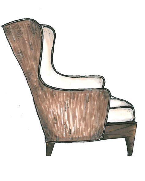 Chair no. Twenty nine initial sketch, wingback chair, arm chair, menswear sketch, club chair Arm Chair Drawing, Menswear Sketch, Armchair Drawing, Small Comfortable Chairs, Hand Rendering, Interior Design Template, Wing Chairs, Drawing Furniture, Chair Drawing