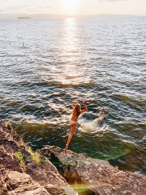 Vermont Summer Aesthetic, Vermont Aesthetic Summer, Burlington Vermont Aesthetic, Vermont Aesthetic, Cliff Jumping Aesthetic, Person Jumping Off Cliff, Cliff Jump, Jump Off The Cliff, Burlington Vermont Summer