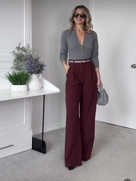 Cherry Pants Outfit, Burgundy Culottes Outfit, Pants Outfits For Women Formal, Grey And Burgundy Outfits For Women, Burgundy Shirt Outfit Women Work, Womens Burgundy Suit, Burgundy Wide Leg Trousers Outfit, Styling Maroon Pants, Maroon Slacks Outfit Women