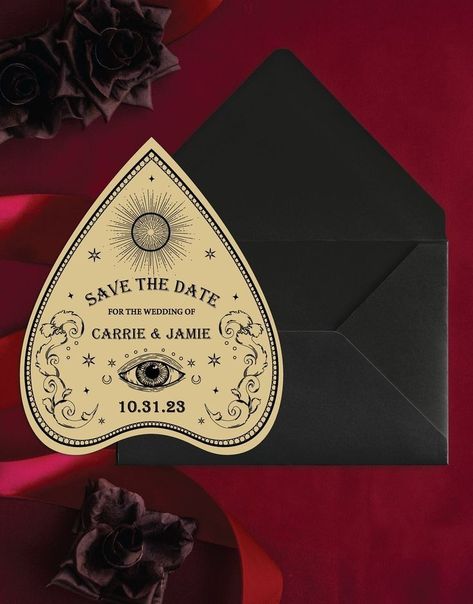 Intimate Gothic Wedding, Goth Save The Date Ideas, Spooky Save The Date Ideas, Scary Wedding Theme, October Spooky Wedding Ideas, Gothic Fall Wedding Ceremony Decor, Dark Goth Wedding, Gothic Invitation Card, Edgy Backyard Wedding