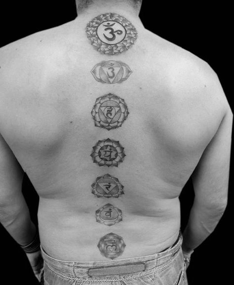 Chakras Back Tattoo, Chakra Tattoo Ideas, Back Tattoo Men, Tattoo Ideas Male, Tattoo Ideas Males, Om Tattoo Design, Chakra Tattoo, Om Tattoo, X Tattoo