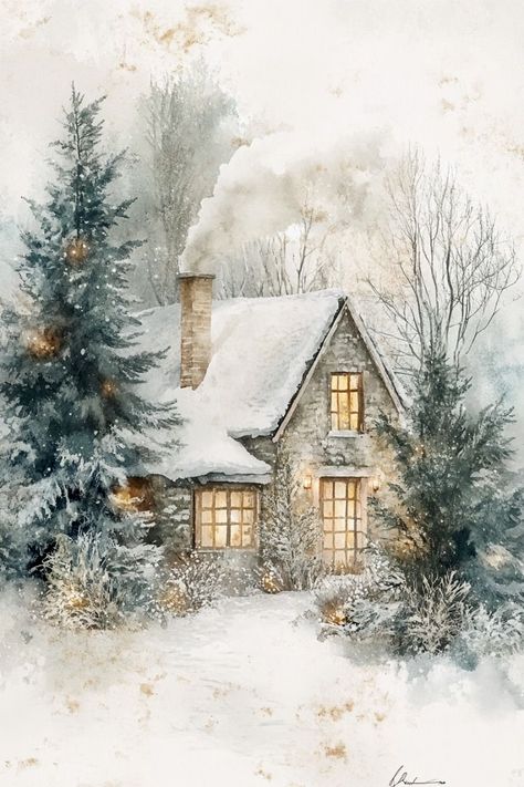 Watercolor Snowy Trees, Snowy Cabin In The Woods, Christmas Snow Background, Festive Wallpaper, Winter Photography Nature, Snowy Cottage, Xmas Wallpapers, Winter Backdrop, Pastel Backgrounds