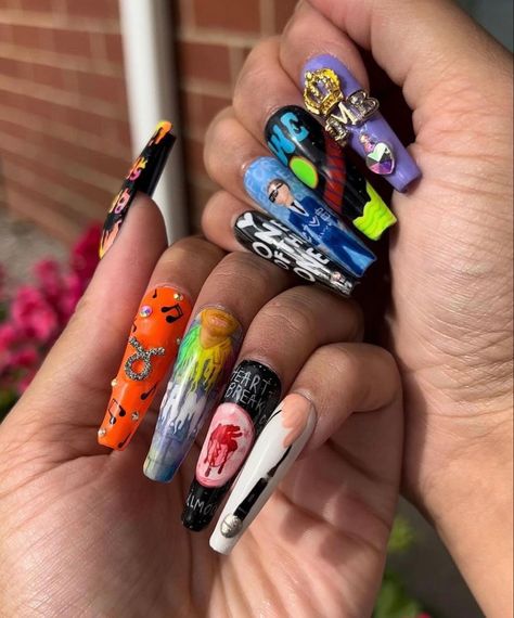 J Cole Inspired Nails, Chris Brown Nail Designs, Chris Brown Nails, Juice Wrld Nails, Concert Nails, Concert Style, Chris Breezy, Brown Acrylic Nails, Multicolored Nails