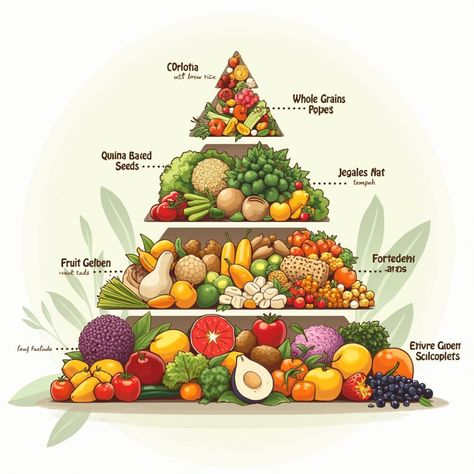 🌿 Discover the Vegan Food Pyramid: Your Guide to Plant-Based Nutrition! 🥗 Our colorful illustration breaks down the essential components of a balanced vegan diet: 🌾 Base: Whole grains (quinoa, brown rice, whole wheat bread) 🥕 Next level: Vibrant fruits and vegetables 🥜 Middle: Protein-rich legumes, nuts, and seeds 🥛 Upper tier: Plant-based milk alternatives and fortified foods 💊 Top: Essential supplements (B12, vitamin D) The vegan food pyramid emphasizes variety and balance, ensuring you ... Food Guide Pyramid, Pyramid Infographic, Food Pyramid Kids, Vegan Food Pyramid, Fortified Foods, Vegan Journey, Vegan Plate, Food Infographic, Food Pyramid