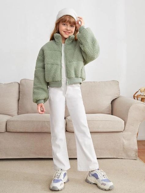 SHEIN Girls Drop Shoulder Teddy Jacket | SHEIN USA Girl Trends, Teddy Jacket, Cool Jackets, Girls Jacket, Shein Style, Drop Shoulder, Fashion Online Shop, All Fashion, Fashion News