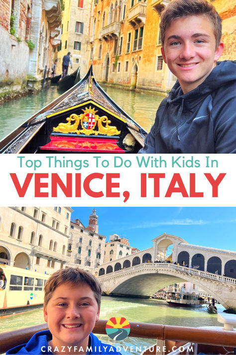 Kid on a gondola ride and kid by the famous Rialto bridge in Venice. Text reads: Top Things To Do With Kids In Venice Italy Venice Italy With Kids, Venice With Kids, Italy With Kids, Family Travel Ideas, Day Trips From Venice, Travel Venice, Italy For Kids, Europe Packing List, Bucket List Family