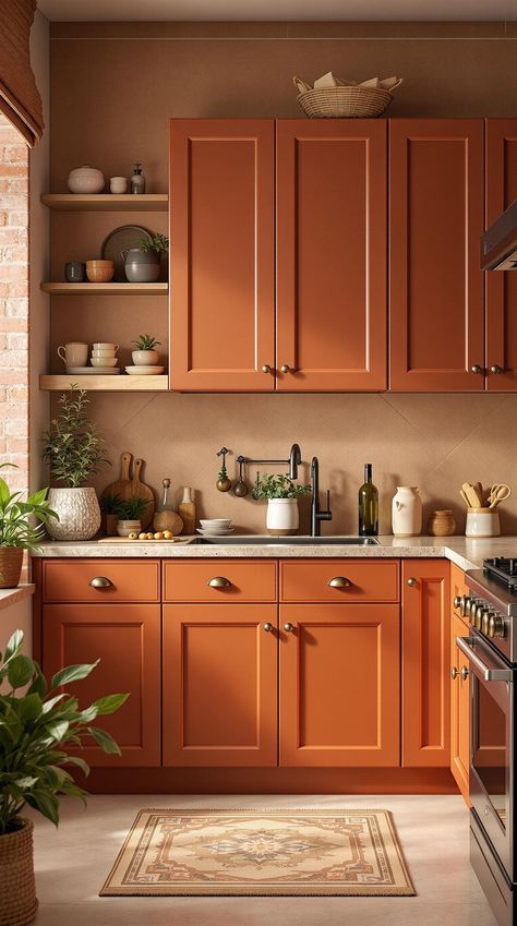 Kitchen Cabinet Color Ideas Rust Orange Kitchen Cabinets, Terracotta Accent Wall Kitchen, Cinnamon Kitchen Cabinets, Kitchen Design Painted Cabinets, Terracotta Colored Kitchen, Old Kitchen Cabinets Painted, Earthy Kitchen Cabinets, Copper Kitchen Cabinets, Orange Cabinet Makeover