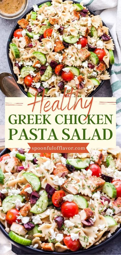 Greek Chicken Pasta Salad, healthy salad recipes, Spring salads Pasta Salad With Chicken Healthy, Chicken Greek Pasta Salad, Pasta Salad With Lettuce And Chicken, Chicken Spinach Pasta Salad, Pasta Chicken Salad Recipes Cold, Cold Healthy Salad Recipes, Healthy Greek Pasta Salad Recipes, Pasta Salad Recipes With Rotisserie Chicken, High Protein Greek Pasta Salad