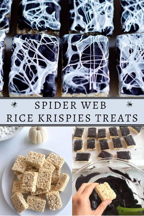 Krispie Treats Halloween, Hollow Web Party Ideas, Halloween Rice Krispie Treats Ideas Spider Web, Spider Web Rice Crispy Treats, Creepy Rice Krispie Treats, Spider Halloween Party, Chocolate Dipped Rice Krispie Treats Halloween, Shareable Halloween Treats, Spiderweb Rice Krispie Treats