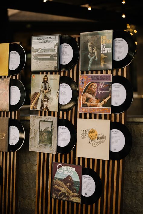 Wedding Table Decorations Industrial, Seating Chart Games, Vintage Music Themed Party, Album Cover Table Numbers, Album Table Wedding, Vinyl Themed Wedding, Record Wall Seating Chart, Record Table Seating Chart, Vinyl Records Wedding