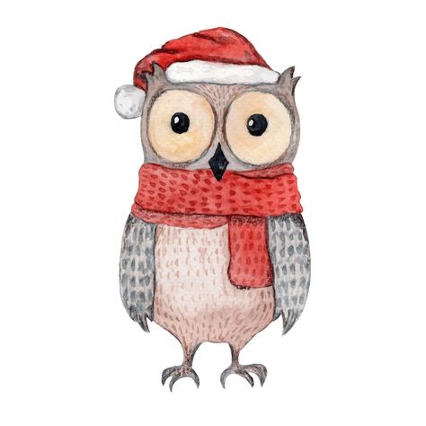 Cute watercolor illustration owl in knit... | Premium Vector #Freepik #vector #christmas-scarf #christmas-animals #owl-illustration #christmas-watercolor Xmas Characters, Kids Fabric Prints, Owl Christmas Card, Banner Sticker, Owl Watercolor, Brown Owl, New Year Illustration, Watercolor Christmas Tree, Owl Illustration