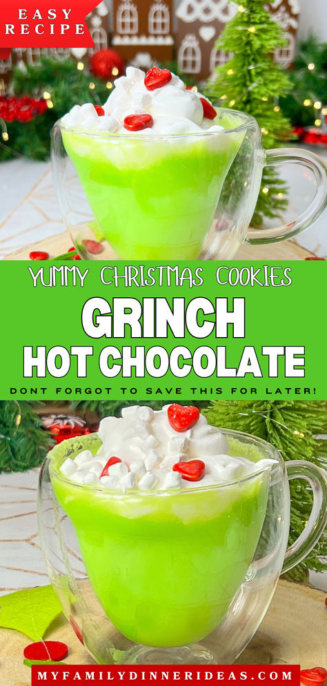 Grinch hot chocolate Crockpot Grinch Hot Chocolate, Kids Grinch Drink, Grinch Hot Chocolate Slow Cooker, Grinch Night Food Ideas, Grinch Coffee Bar, Grinch Hot Chocolate Bar, Grinch Menu Ideas, Grinch Foods, Elf Dinner