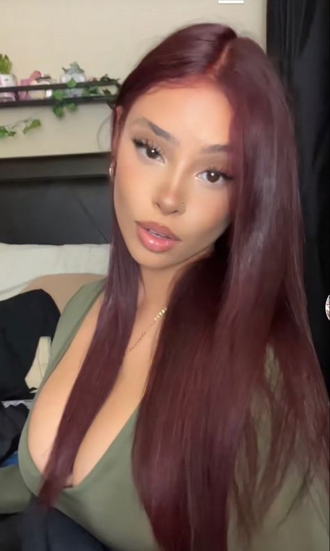 Cherry Red Coke Hair, Red Coke Hair, Cherry Red Dark Hair, Dark Red Hair On Tan Skin, Coke Cherry Hair, Brown Girls With Red Hair, Tan Girl Hair Color Ideas, Burgundy Hair Tan Skin, Red Wine Hair Color Burgundy