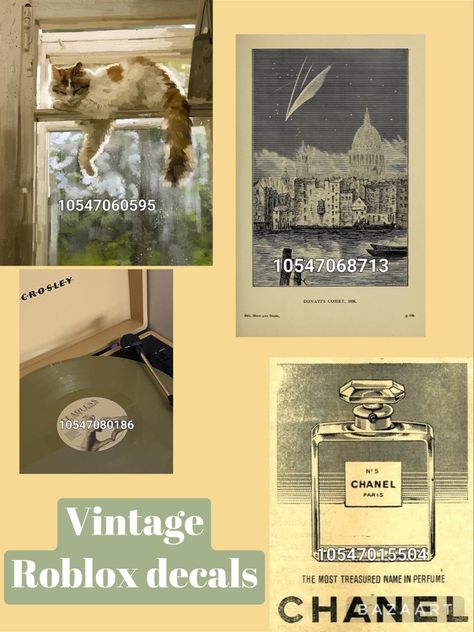 Decal Codes For Bloxburg Pictures, Photo Wall Collage Bloxburg Decals, Bloxburg Cat Picture Codes, Vintage Picture Codes Bloxburg, Vintage Decals For Bloxburg, Berry Avenue Codes Vintage, Id For Bloxburg Pictures, Coquette Office Bloxburg, Code For Bloxburg Picture