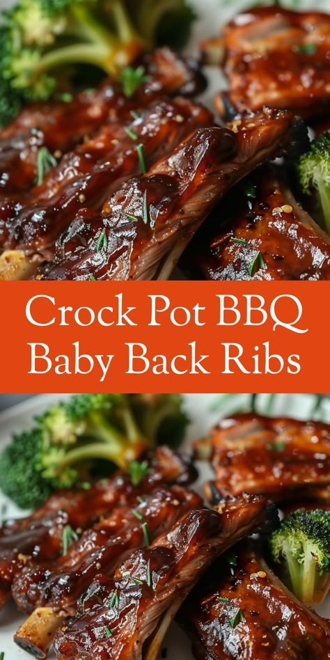 Enjoy delicious BBQ baby back ribs made in the crock pot. Simple ingredients and slow-cooked to perfection! Bbq Ribs In Slow Cooker, Crock Pot Pork Ribs Recipe, Rib Recipes In Crockpot, Slow Cooked Ribs Crockpot, Crock Pot Ribs Easy, How To Cook Ribs In Crockpot, Crock Pot Barbecue Ribs, Ribs In Crockpot Easy, Slow Cooker Baby Back Ribs Crockpot