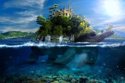 Fantasy Turtle Art, Fantasy Turtle, Pirate Rpg, Underwater Turtle, 2d Rpg, Water Castle, Giant Sea Turtle, World Turtle, Photoshop Landscape