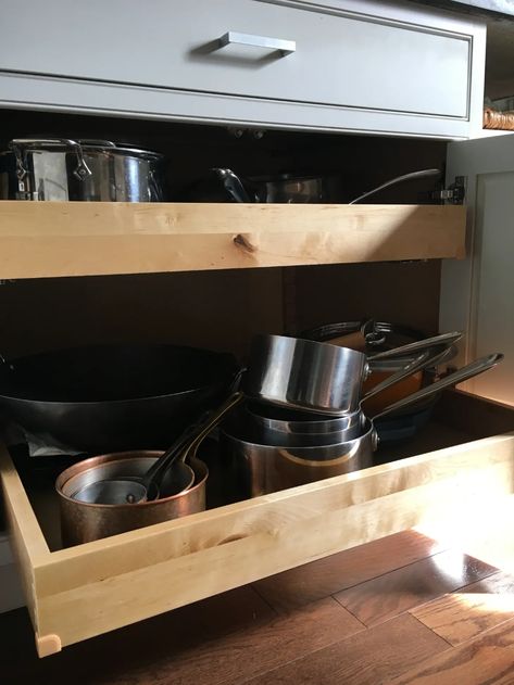 The Best Thing I Ever Did for Organizing My Cookware | Kitchn Instant Pot Storage, Ikea Kitchen Drawers, Pan Storage Diy, Under Cabinet Drawers, Kitchen Cabinets Storage Organizers, Pot And Pans Organization, Pan Storage, Pan Organization, Apartment Storage