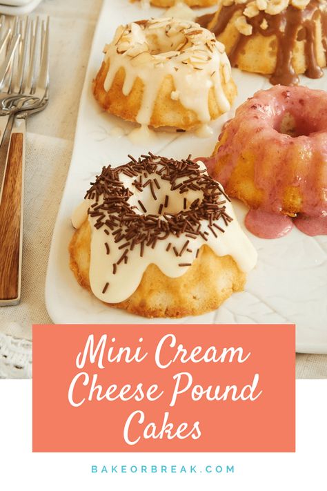 Mini Cream Cheese Pound Cakes are perfect little desserts for entertaining, gifting, or just because! With so many glaze options, you are sure to find one (or a few!) to suit just about all occasions and tastes! Mini Bunt Cake, Mini Bundt Cakes Recipes, Mini Torte, Mini Bundt, Cream Cheese Pound Cake, Mini Bundt Cakes, Pound Cakes, Bundt Cakes Recipes, Pound Cake Recipes