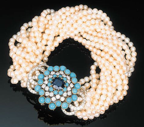 A Cultured Pearl, Sapphire, Turquoise and Diamond Bracelet by Cartier  The detachable brooch clasp of openwork design, centred with a cushion-cut sapphire within an alternating cabochon turquoise and circular-cut diamond surround with diamond-set scrolled clasps to the fifteen row cultured pearl torsade, circa 1960, with French assay and maker's mark, 23.0 cm long Signed Cartier, Paris, No. 010 689 Luxury Turquoise Bracelets With 17 Jewels, Luxury Elegant Turquoise Pearl Necklace, Luxury Turquoise Bracelet Fine Jewelry, Luxury Turquoise Gemstone Cuff Bracelet, Luxury Hand-strung Turquoise Bracelets, Fine Jewelery, Large Image, Cartier Jewelry, Diamond Jewelry Designs