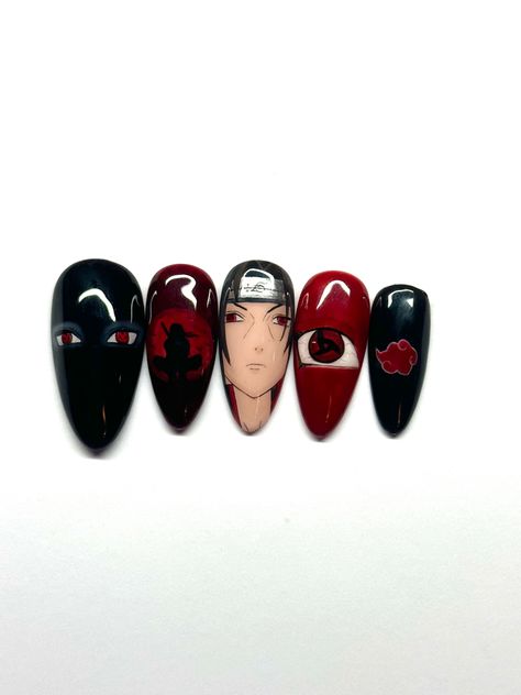 Itachi Nail Art, Itachi Nails Design, Itachi Nails, Naruto Nails, Anime Nails, Stylish Nails Designs, Kawaii Nails, Girls Nails, Nail Art Tutorial